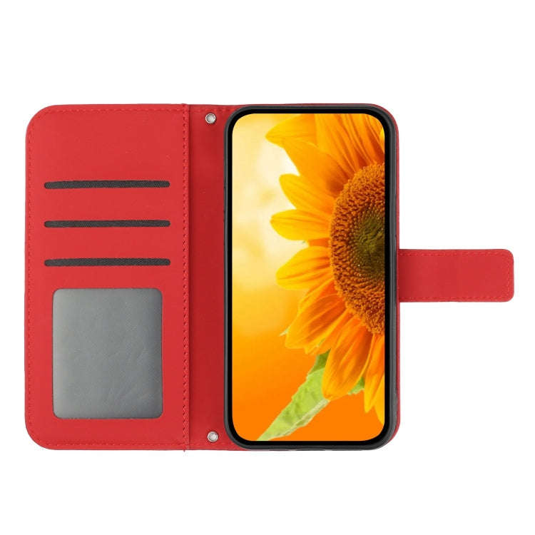 Skin Feel Sun Flower Embossed Flip Leather Phone Case with Lanyard, For iPhone 16, For iPhone 15 ...
