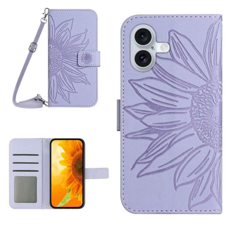 Skin Feel Sun Flower Embossed Flip Leather Phone Case with Lanyard, For iPhone 16, For iPhone 15 ...