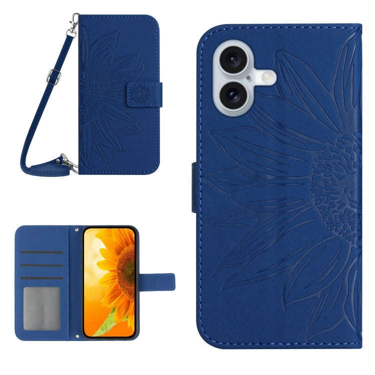 Skin Feel Sun Flower Embossed Flip Leather Phone Case with Lanyard, For iPhone 16, For iPhone 15 ...