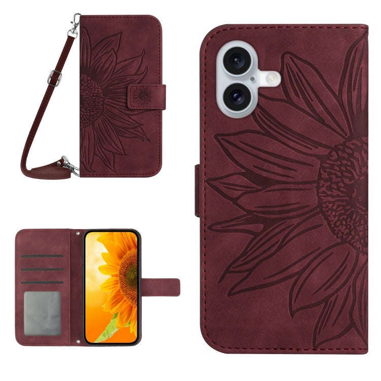 Skin Feel Sun Flower Embossed Flip Leather Phone Case with Lanyard, For iPhone 16, For iPhone 15 ...