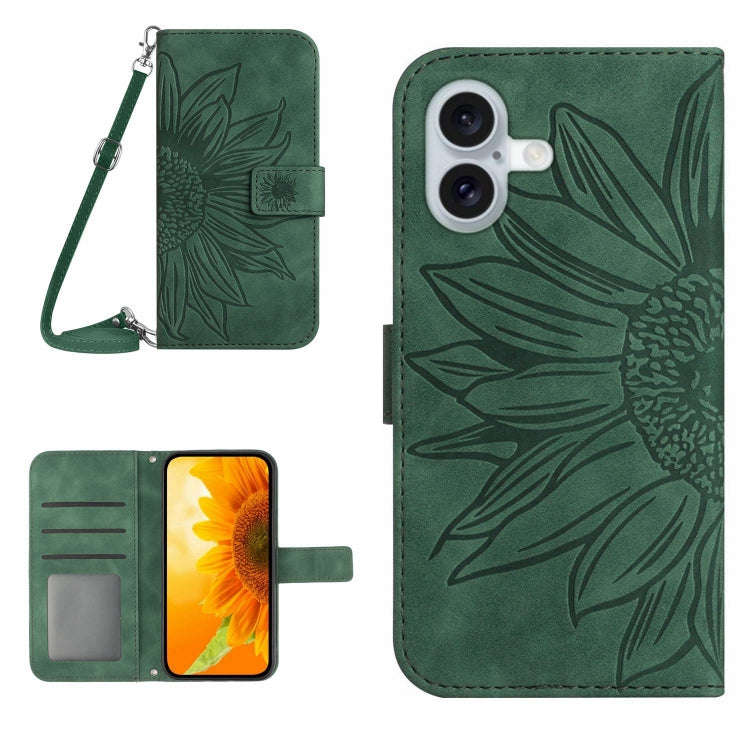 Skin Feel Sun Flower Embossed Flip Leather Phone Case with Lanyard, For iPhone 16, For iPhone 15 ...
