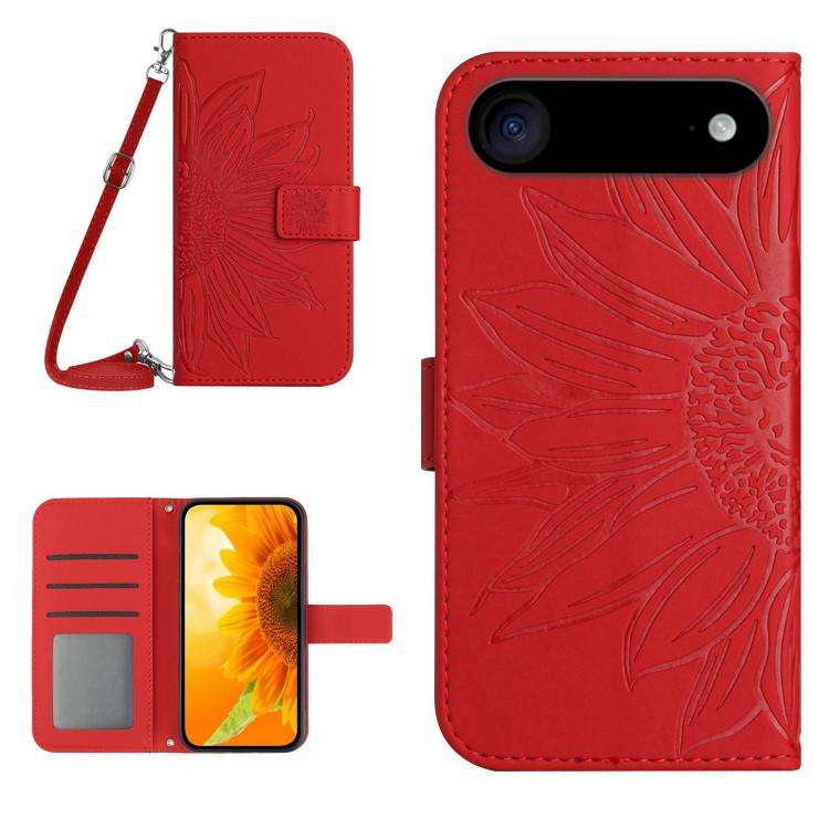 Skin Feel Sun Flower Embossed Flip Leather Phone Case with Lanyard, For iPhone Air, For iPhone 16...