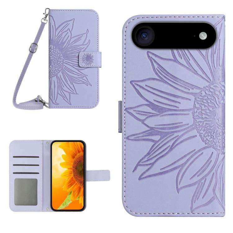 Skin Feel Sun Flower Embossed Flip Leather Phone Case with Lanyard, For iPhone Air, For iPhone 16...