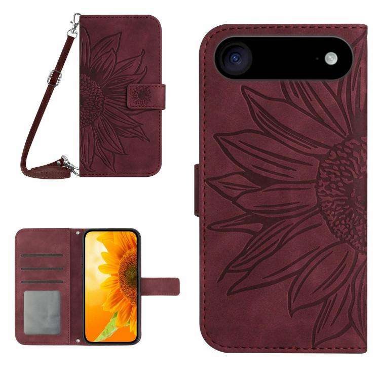 Skin Feel Sun Flower Embossed Flip Leather Phone Case with Lanyard, For iPhone Air, For iPhone 16...