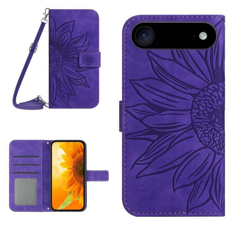 Skin Feel Sun Flower Embossed Flip Leather Phone Case with Lanyard, For iPhone Air, For iPhone 16...