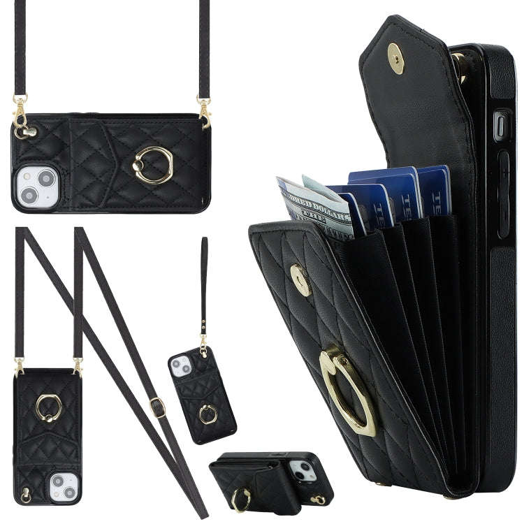 Rhombic Texture Card Bag Phone Case with Long Lanyard, For iPhone 15 Pro, For iPhone 15 Plus, For...