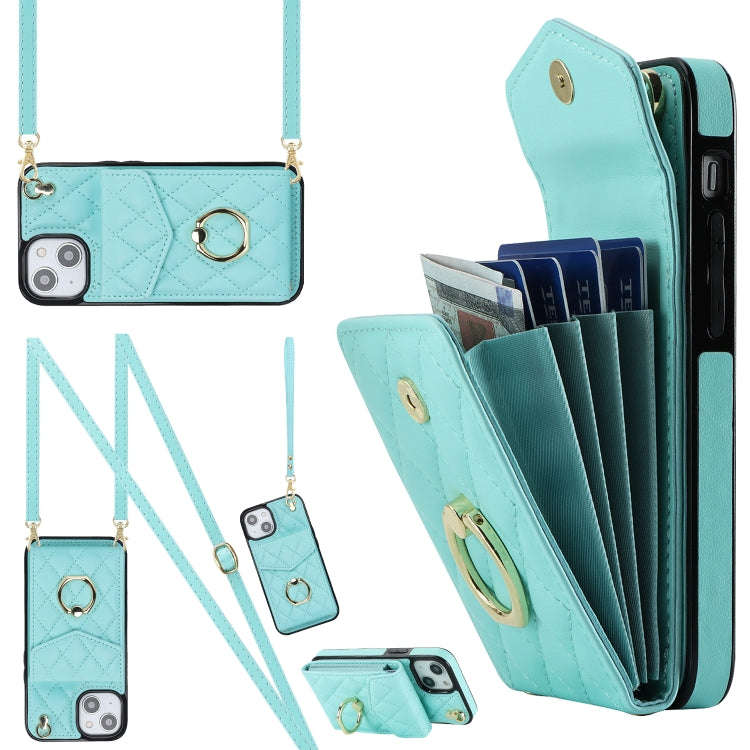 Rhombic Texture Card Bag Phone Case with Long Lanyard, For iPhone 15 Pro, For iPhone 15 Plus, For...