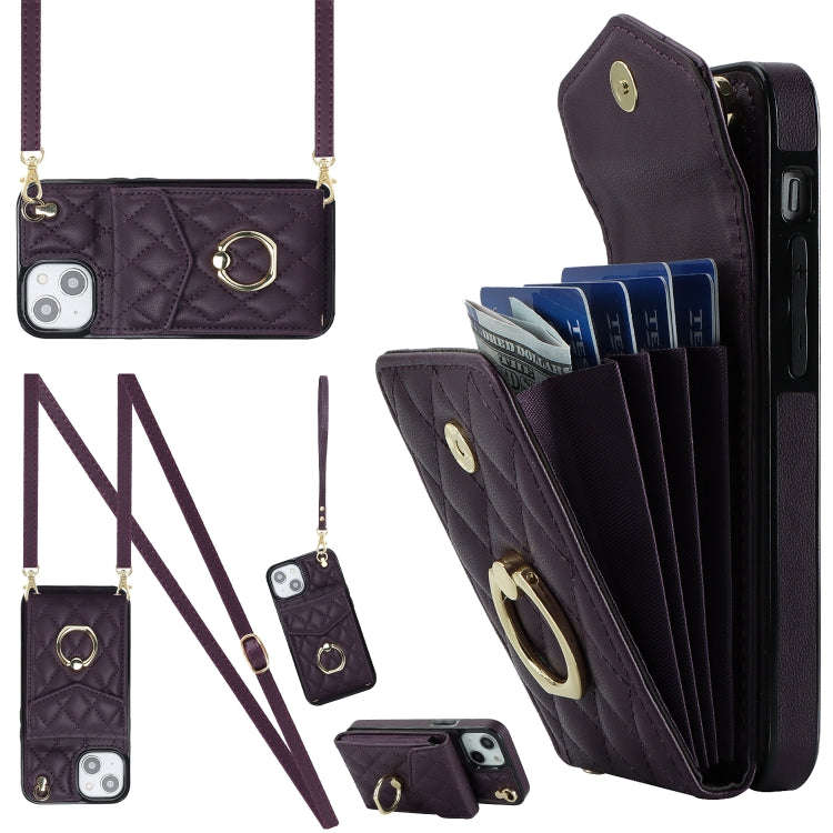 Rhombic Texture Card Bag Phone Case with Long Lanyard, For iPhone 15 Pro, For iPhone 15 Plus, For...