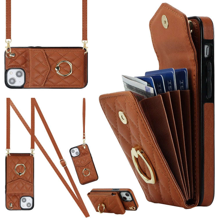 Rhombic Texture Card Bag Phone Case with Long Lanyard, For iPhone 15 Pro, For iPhone 15 Plus, For...