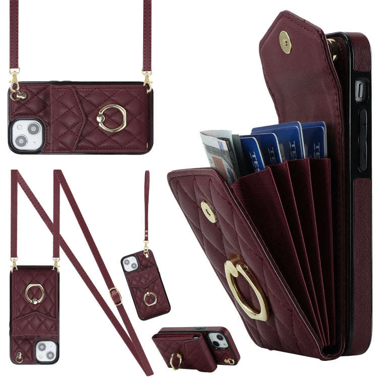 Rhombic Texture Card Bag Phone Case with Long Lanyard, For iPhone 15 Pro, For iPhone 15 Plus, For...