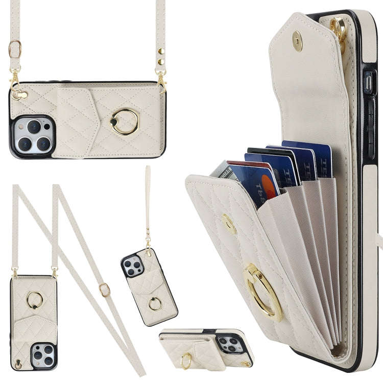 Rhombic Texture Card Bag Phone Case with Long Lanyard, For iPhone 15 Pro, For iPhone 15 Plus, For...