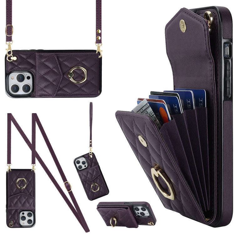 Rhombic Texture Card Bag Phone Case with Long Lanyard, For iPhone 15 Pro, For iPhone 15 Plus, For...