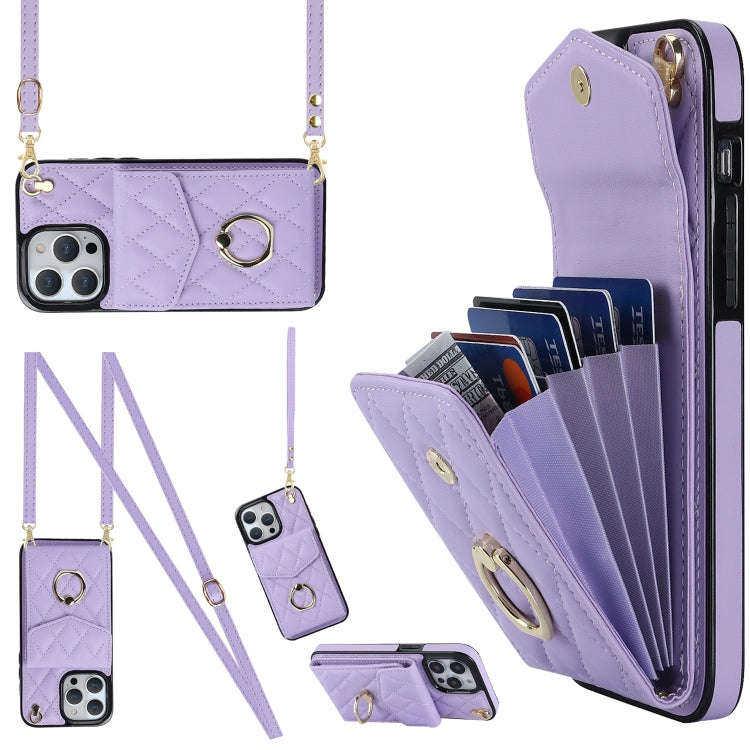 Rhombic Texture Card Bag Phone Case with Long Lanyard, For iPhone 15 Pro, For iPhone 15 Plus, For...