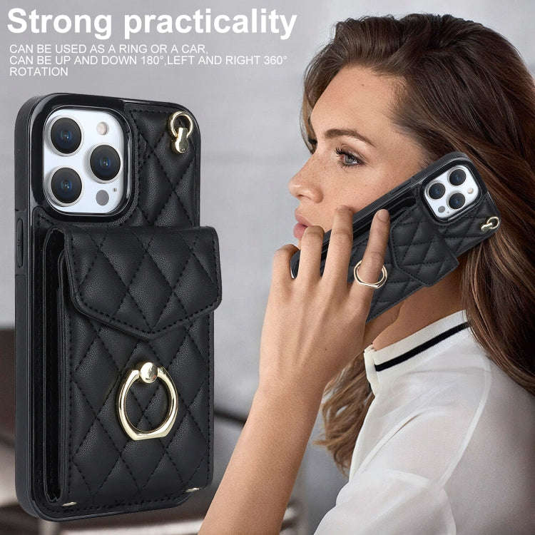 Rhombic Texture Card Bag Phone Case with Long Lanyard, For iPhone 14 Pro Max, For iPhone 13 Pro M...