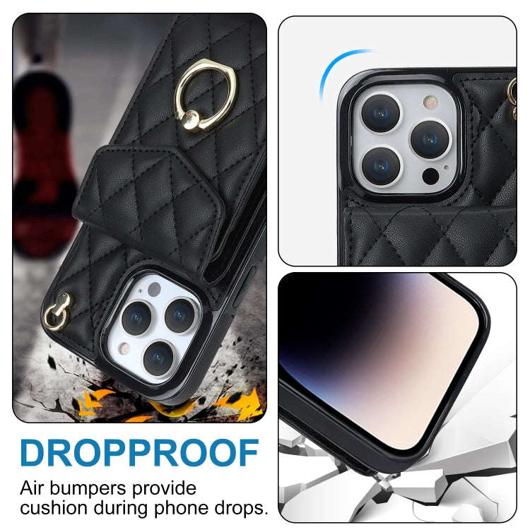 Rhombic Texture Card Bag Phone Case with Long Lanyard, For iPhone 14 Pro Max, For iPhone 13 Pro M...