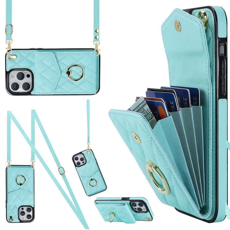 Rhombic Texture Card Bag Phone Case with Long Lanyard, For iPhone 14 Pro Max, For iPhone 13 Pro M...