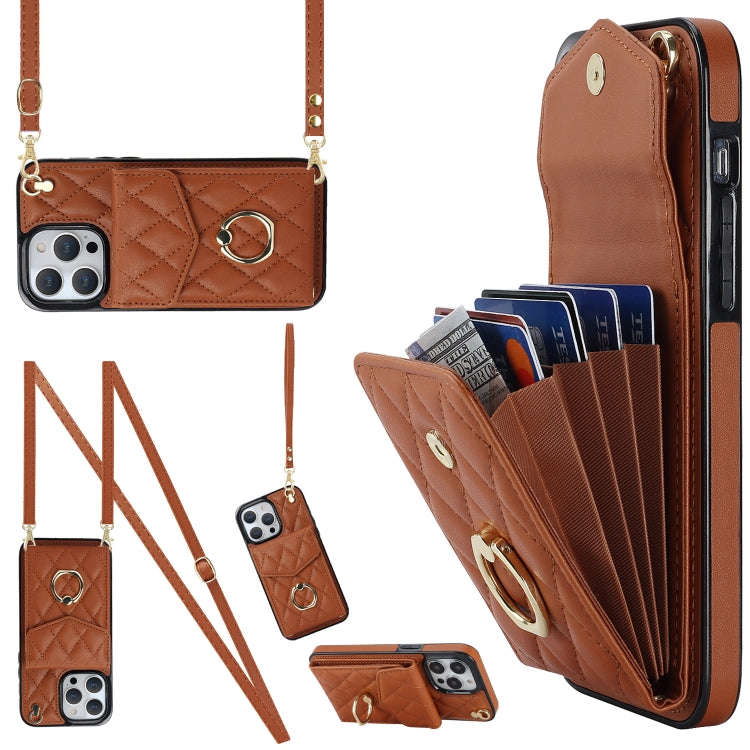 Rhombic Texture Card Bag Phone Case with Long Lanyard, For iPhone 14 Pro Max, For iPhone 13 Pro M...