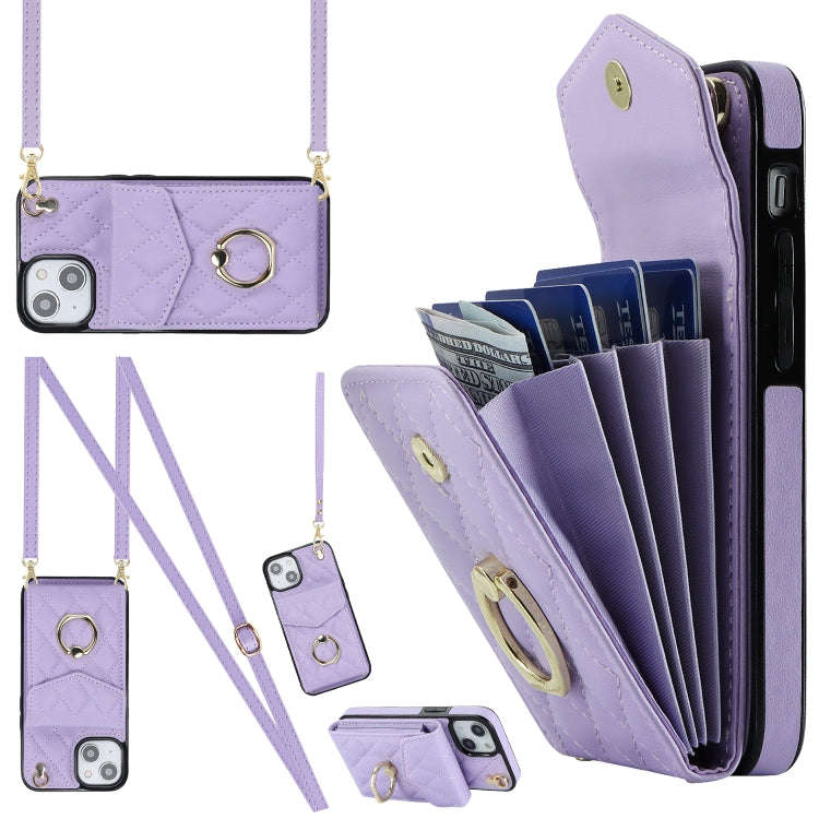 Rhombic Texture Card Bag Phone Case with Long Lanyard, For iPhone 14 Pro Max, For iPhone 13 Pro M...