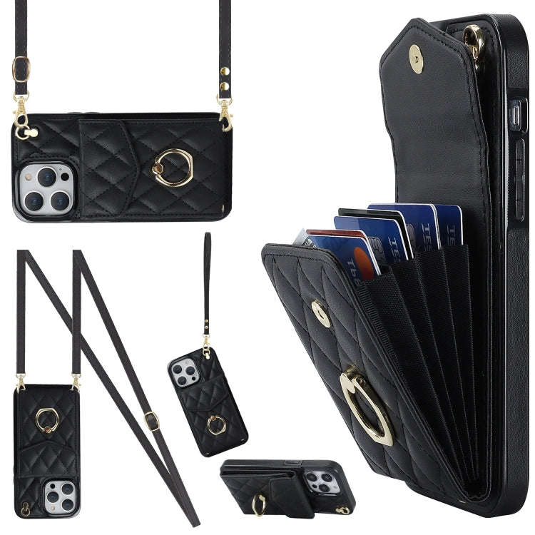 Rhombic Texture Card Bag Phone Case with Long Lanyard, For iPhone 14 Pro Max, For iPhone 13 Pro M...