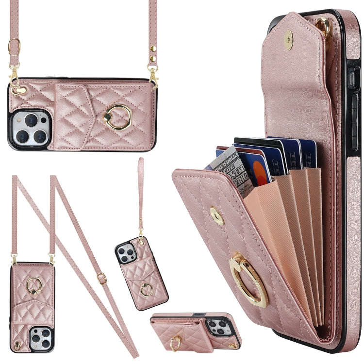 Rhombic Texture Card Bag Phone Case with Long Lanyard, For iPhone 14 Pro Max, For iPhone 13 Pro M...