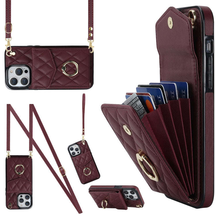 Rhombic Texture Card Bag Phone Case with Long Lanyard, For iPhone 14 Pro Max, For iPhone 13 Pro M...