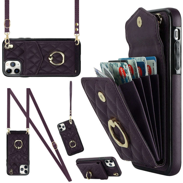 Rhombic Texture Card Bag Phone Case with Long Lanyard, For iPhone 11 Pro Max, For iPhone 11, For ...