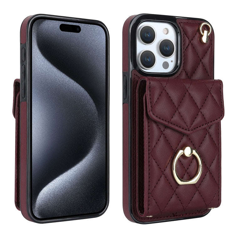 Rhombic Texture Card Bag Phone Case with Long Lanyard, For iPhone 18 Pro / 17 Pro, For iPhone 18 ...