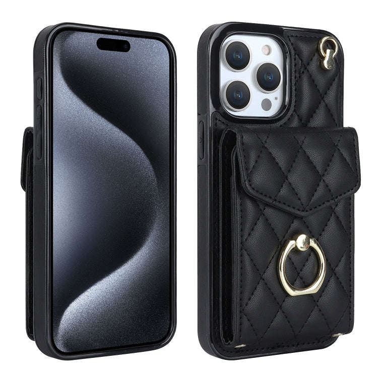 Rhombic Texture Card Bag Phone Case with Long Lanyard, For iPhone 15 Pro, For iPhone 15 Plus, For...