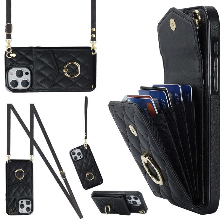 Rhombic Texture Card Bag Phone Case with Long Lanyard, For iPhone 15 Pro, For iPhone 15 Plus, For...