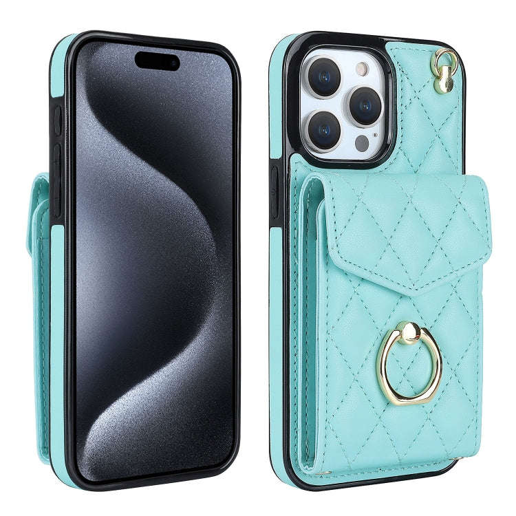 Rhombic Texture Card Bag Phone Case with Long Lanyard, For iPhone 15 Pro, For iPhone 15 Plus, For...