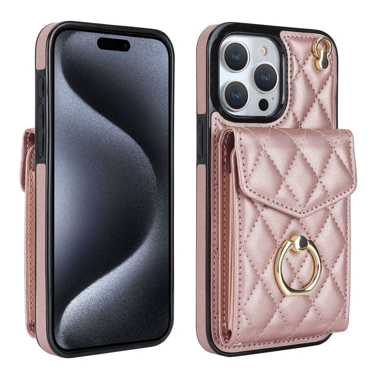 Rhombic Texture Card Bag Phone Case with Long Lanyard, For iPhone 15 Pro, For iPhone 15 Plus, For...
