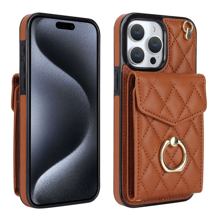 Rhombic Texture Card Bag Phone Case with Long Lanyard, For iPhone 15 Pro, For iPhone 15 Plus, For...