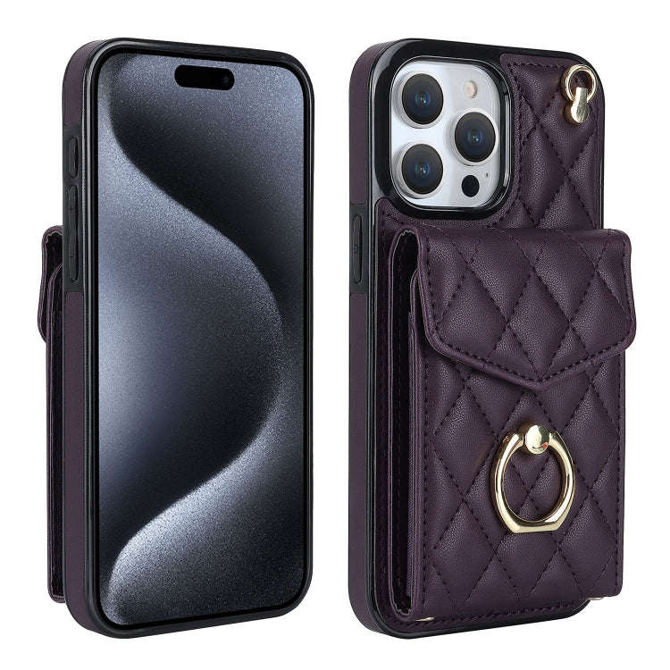 Rhombic Texture Card Bag Phone Case with Long Lanyard, For iPhone 15 Pro, For iPhone 15 Plus, For...
