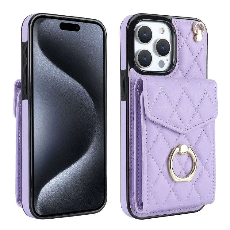 Rhombic Texture Card Bag Phone Case with Long Lanyard, For iPhone 15 Pro, For iPhone 15 Plus, For...