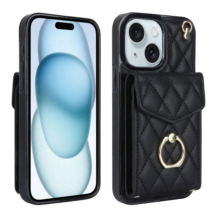 Rhombic Texture Card Bag Phone Case with Long Lanyard, For iPhone 15 Pro, For iPhone 15 Plus, For...