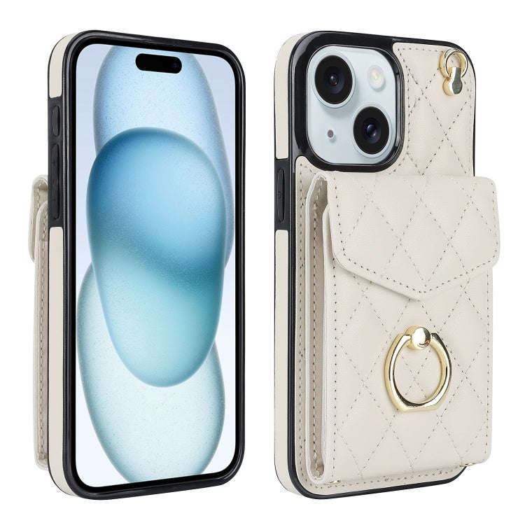 Rhombic Texture Card Bag Phone Case with Long Lanyard, For iPhone 15 Pro, For iPhone 15 Plus, For...