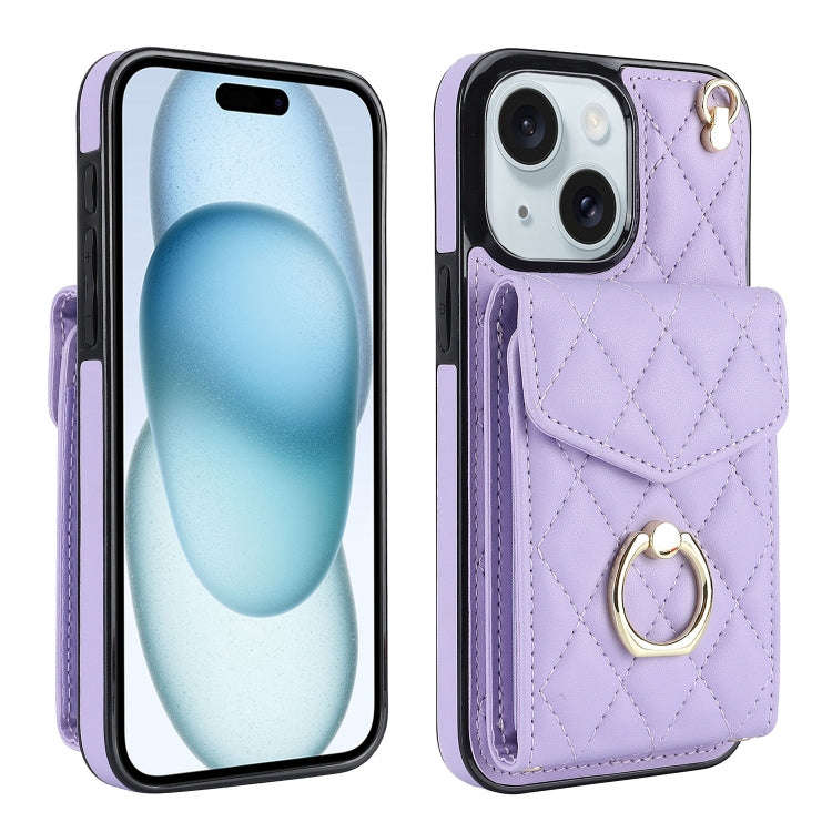 Rhombic Texture Card Bag Phone Case with Long Lanyard, For iPhone 15 Pro, For iPhone 15 Plus, For...