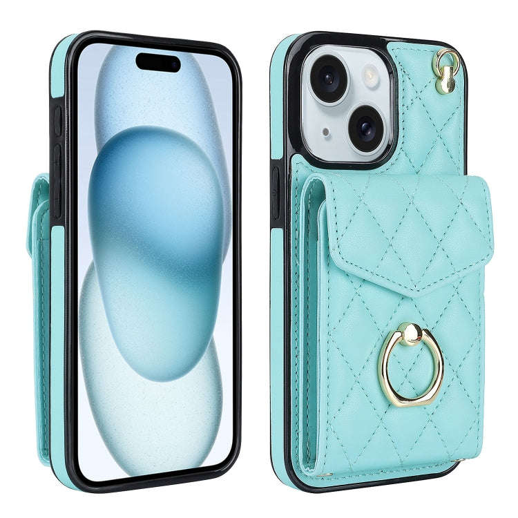 Rhombic Texture Card Bag Phone Case with Long Lanyard, For iPhone 15 Pro, For iPhone 15 Plus, For...