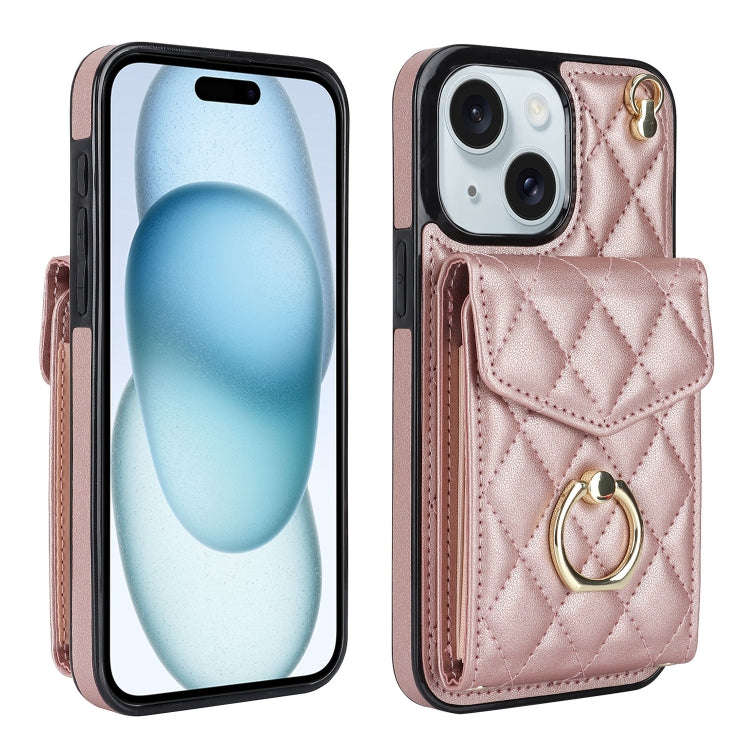 Rhombic Texture Card Bag Phone Case with Long Lanyard, For iPhone 15 Pro, For iPhone 15 Plus, For...