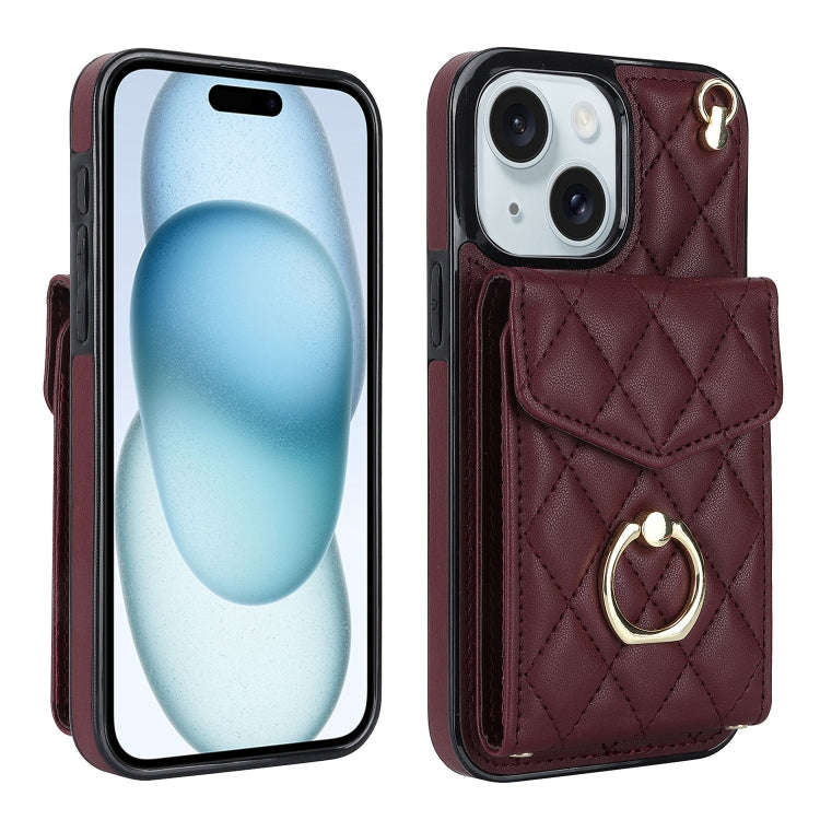 Rhombic Texture Card Bag Phone Case with Long Lanyard, For iPhone 15 Pro, For iPhone 15 Plus, For...