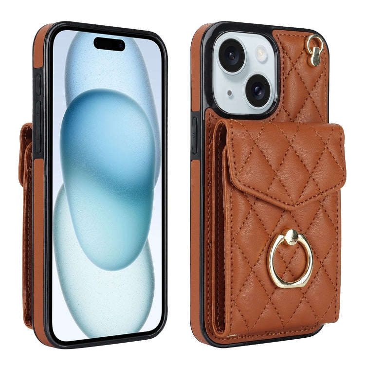 Rhombic Texture Card Bag Phone Case with Long Lanyard, For iPhone 15 Pro, For iPhone 15 Plus, For...