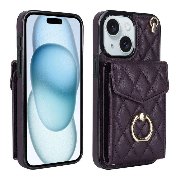 Rhombic Texture Card Bag Phone Case with Long Lanyard, For iPhone 15 Pro, For iPhone 15 Plus, For...