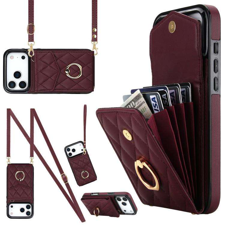 Rhombic Texture Card Bag Phone Case with Long Lanyard, For iPhone 18 Pro / 17 Pro, For iPhone 18 ...