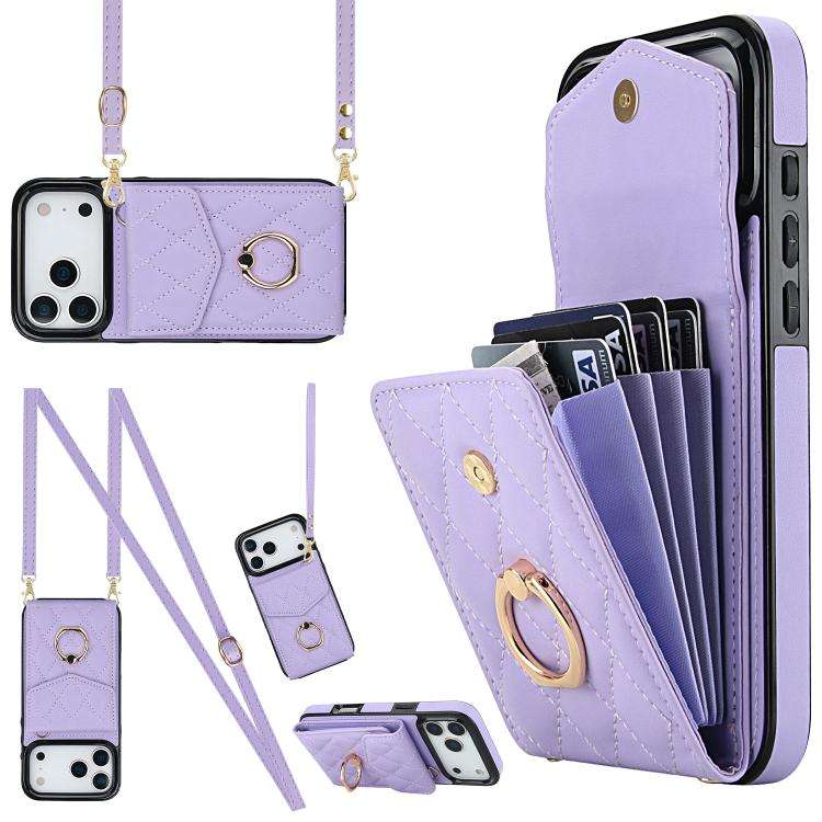 Rhombic Texture Card Bag Phone Case with Long Lanyard, For iPhone 18 Pro / 17 Pro, For iPhone 18 ...