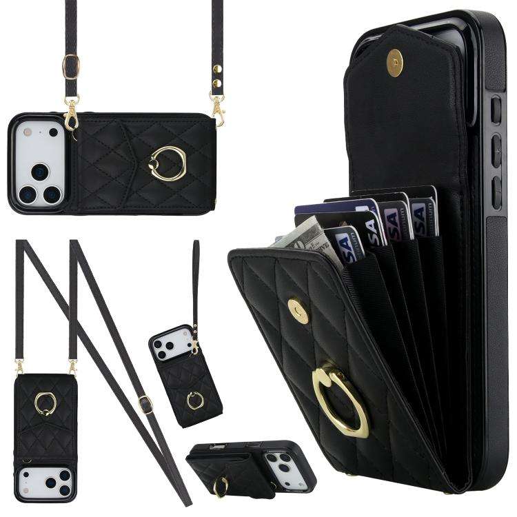 Rhombic Texture Card Bag Phone Case with Long Lanyard, For iPhone 18 Pro / 17 Pro, For iPhone 18 ...