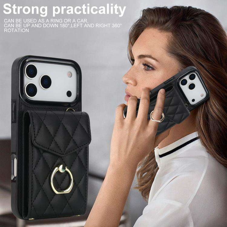 Rhombic Texture Card Bag Phone Case with Long Lanyard, For iPhone 18 Pro / 17 Pro, For iPhone 18 ...