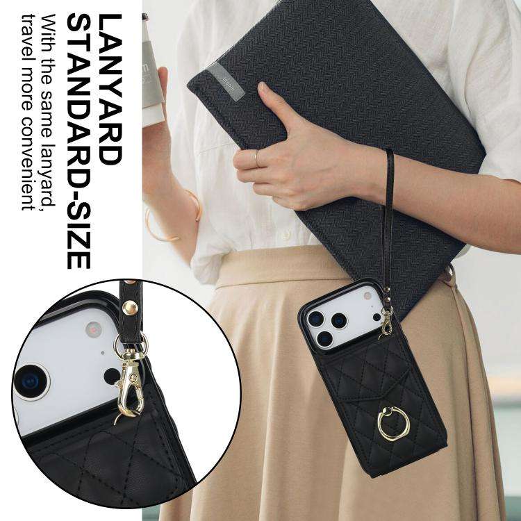Rhombic Texture Card Bag Phone Case with Long Lanyard, For iPhone 18 Pro / 17 Pro, For iPhone 18 ...