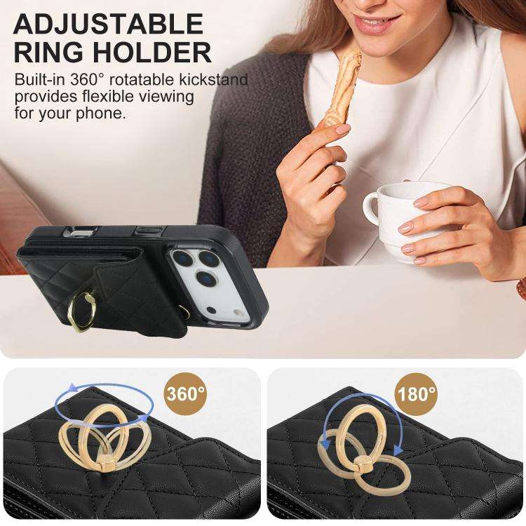 Rhombic Texture Card Bag Phone Case with Long Lanyard, For iPhone 18 Pro / 17 Pro, For iPhone 18 ...
