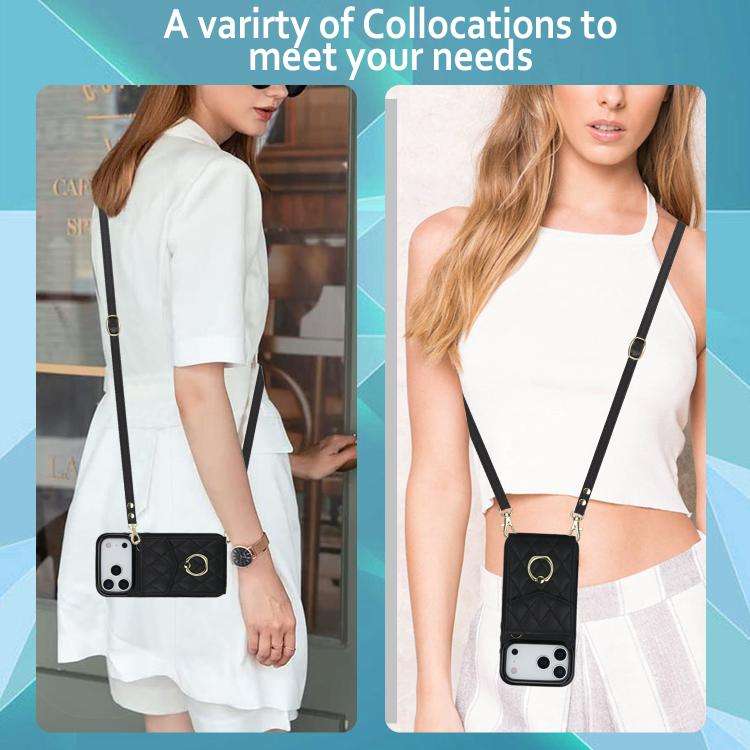 Rhombic Texture Card Bag Phone Case with Long Lanyard, For iPhone 18 Pro / 17 Pro, For iPhone 18 ...