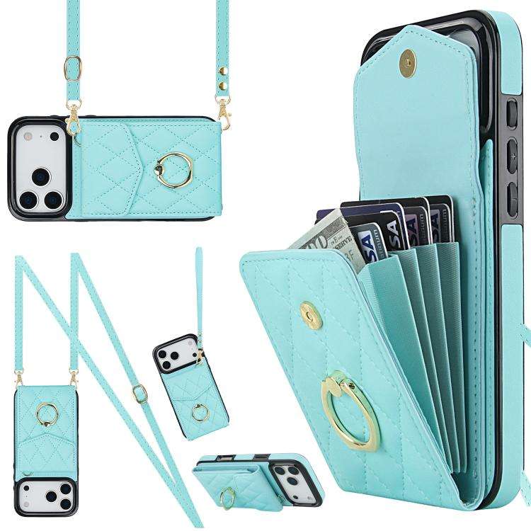 Rhombic Texture Card Bag Phone Case with Long Lanyard, For iPhone 18 Pro / 17 Pro, For iPhone 18 ...